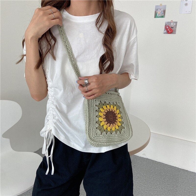 Zomer Zonnebloem Kleine Messenger Bag Hollow Geweven Gebreide Schouder Crossbody Zakken Voor Meisjes Mini Katoenen Doek Handtas