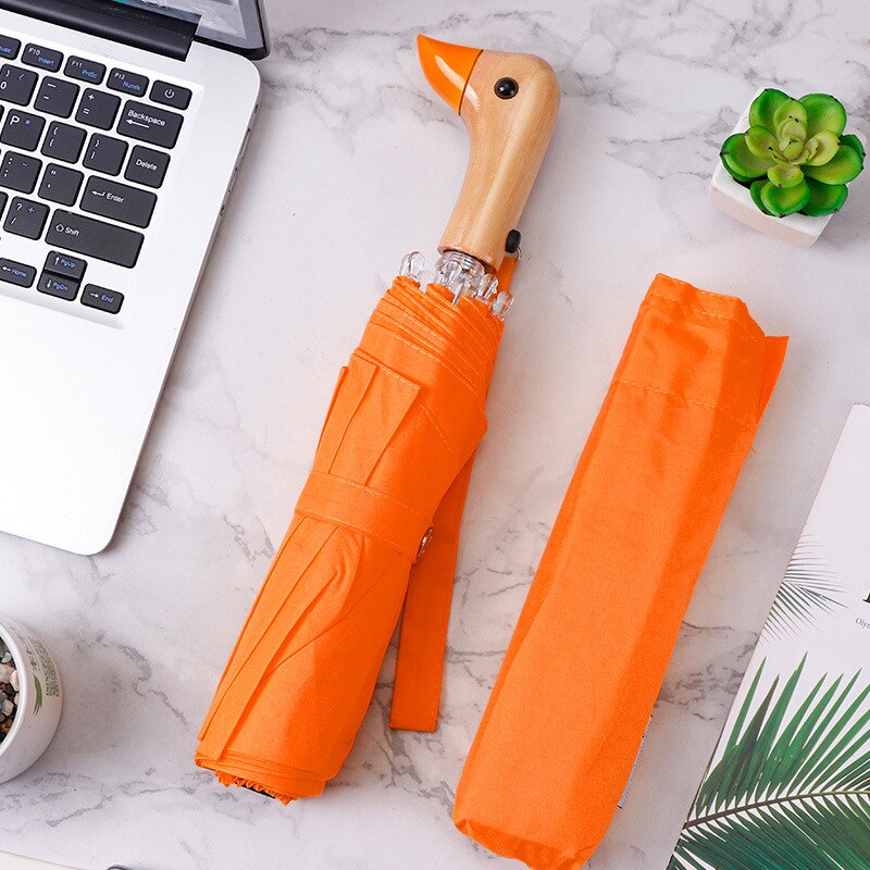 Cute Duck Head Umbrella Rain Women Automatic Windproof Sun Umbrella Men Three Fold Waterproof Travel Umbrella Parasol: Orange