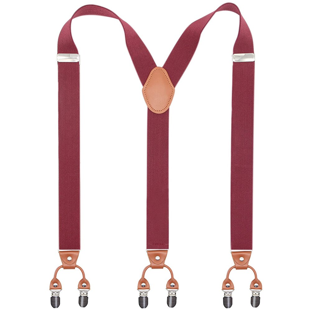 Heavy Duty Suspenders for Men 3.5cm Wide Y-Back with 6 Metal Clips Adjustable Elastic Trouser Braces Straps Father Husband: Wine red