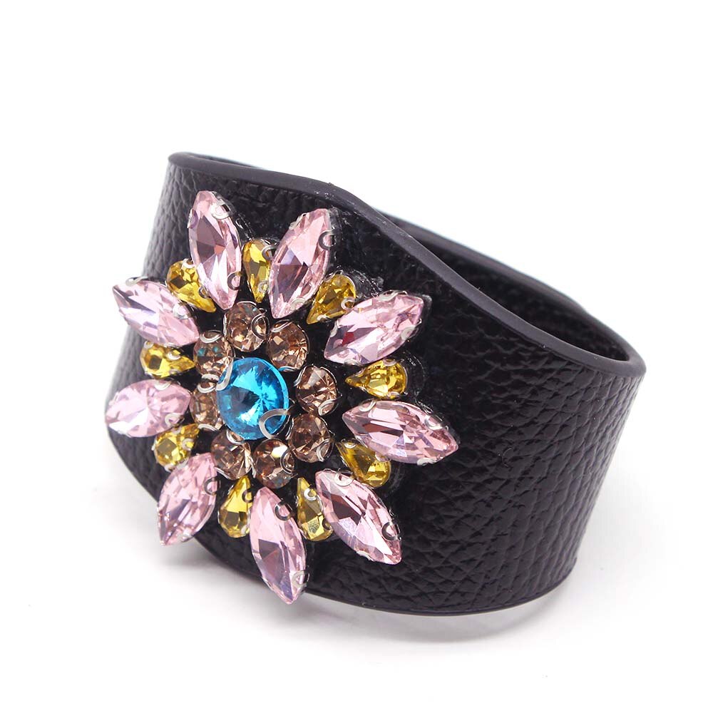 D&amp;D European Punk Wide Crystal flowers Leather Bracelets &amp; Bangles for Women Cuff Bracelet Statement Jewelry: 5