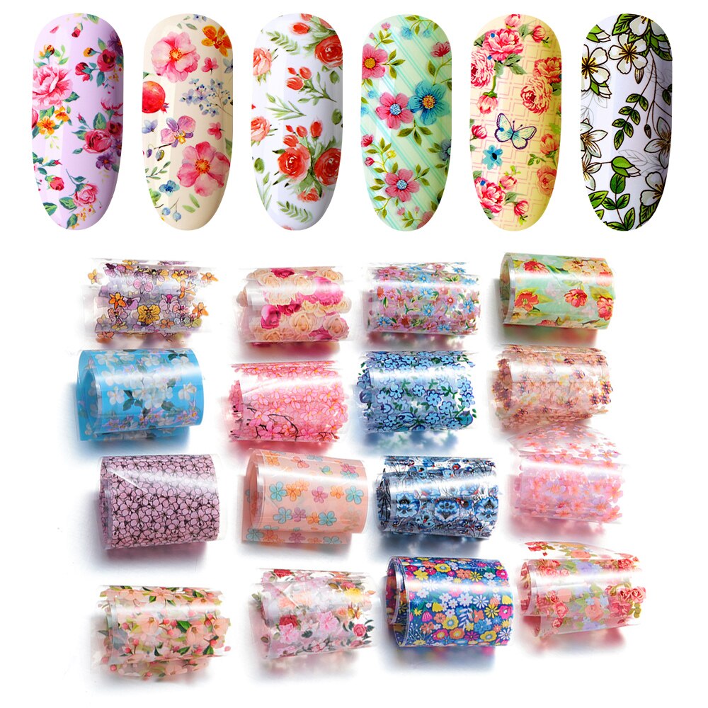 16PCS 3D Gemengde Bloemen Nail Stickers Bloemen Kleurrijke Folie Transfer Decals Sticker Sets Glitter Maincure DIY Nagels Decoratie