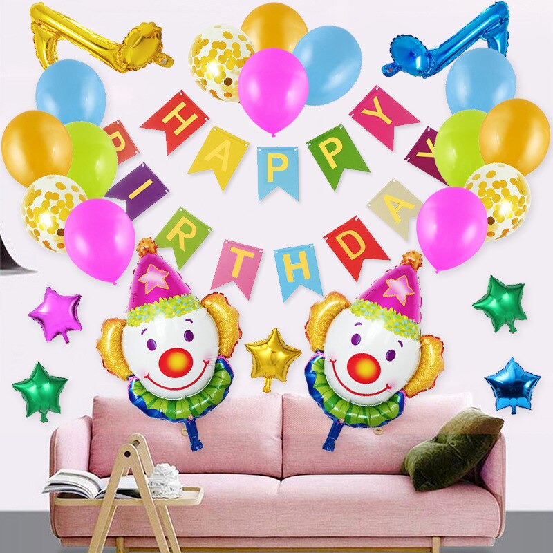 Globos de látex coloridos con estampado de payaso de dibujos animados para niños, confeti verde, decoración para de cumpleaños, suministros para fiestas temáticas