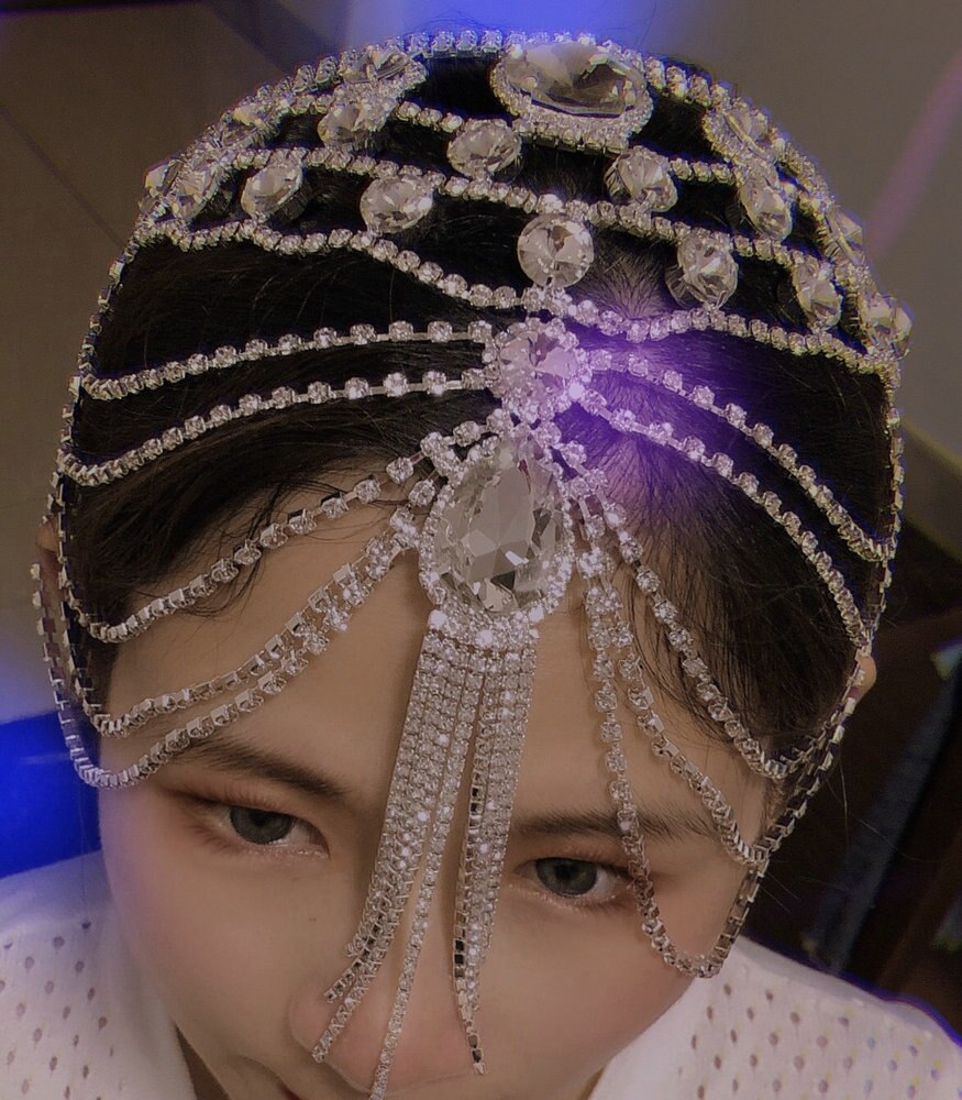 Bruids Hoofddeksel Crystal Strass Ketting Flapper Cap Bruiloft Gatsby Accessoires Party Achterzijde Voorhoofd Head Band Stuk Sieraden