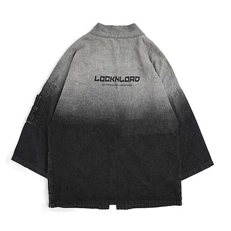 Gray &amp; Black Gradient Color Men Denim Kimono Jacket Japan Style Streetwear Retro Mens Three Quarter Sleeves Kimono Coat