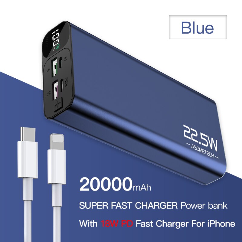 Carregador super rápido qc3.0 20000mah 5a, usb c pd3.0 flash, bateria externa para iphone 12 xiaomi: Blue With Cable C