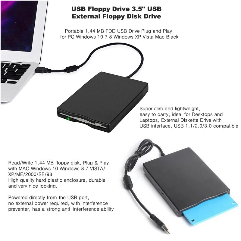 Hannord Portable 3.5inch Mobile USB Floppy Disk Drive 1.44M External Diskette FDD for Laptop Computer PC USB Drive Plug and Play