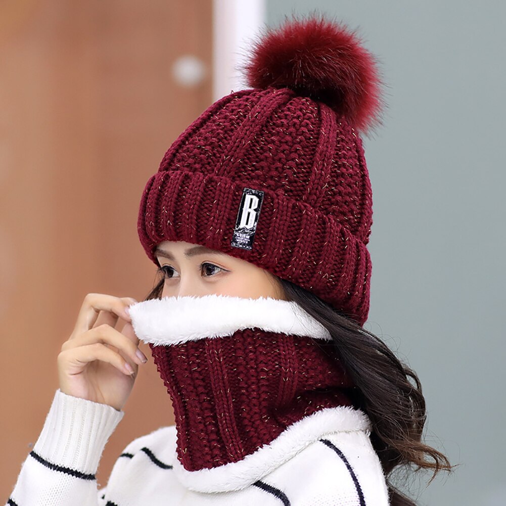 Winter Hats Women Thick Knitted Beanie Hat Plush Neck Gaiter Scarf Outdoor Riding Set Warm Cute Female Cap Soft Set