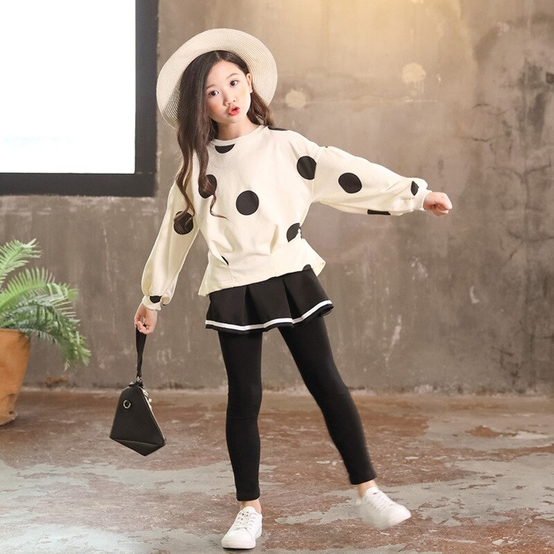Mädchen Kleidung Langarm Punkt Shirt + Felsen Hosen 2Stck Mädchen Kind Kleidung einstellen Herbst Frühling freundlicher Schule Kleidung 6 8 10 jahr: Beige / 4T