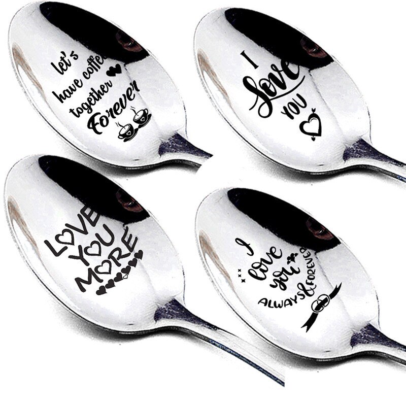 Valentine Dessert Spoon Household Use Teaspoon Year Coffee Spoon Lettering Long Handle Coffee Tea Ice Cream Tableware