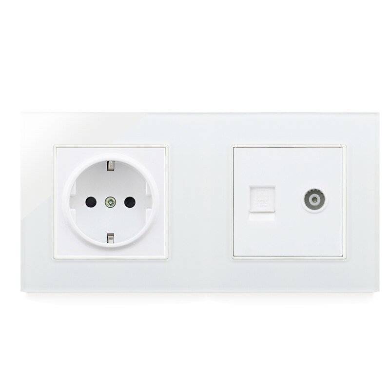 Atlectric EU DE Standard Plug Wall Power Socket RJ45 Computer TV PC Port Double Socket Power Electrical Outlet Tempered Glass: 1Socket Rj45 With TV
