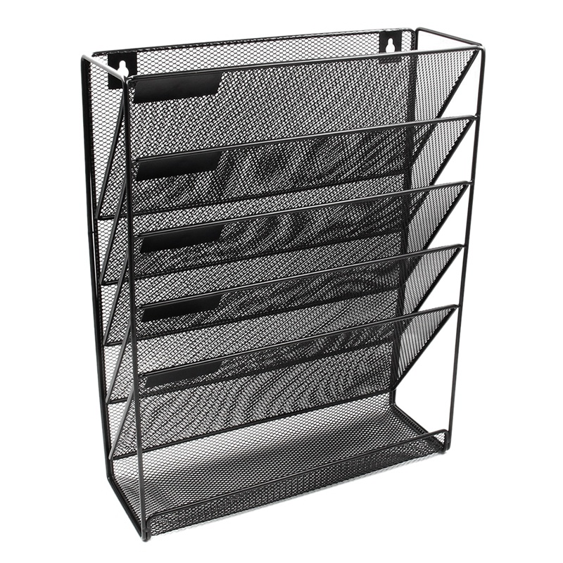 Metal Mesh Wall-Mounted Magazine File Rack Office Desk 5 Layer Interval Archive File Magazine Magazine Notebook Storage Black: Default Title