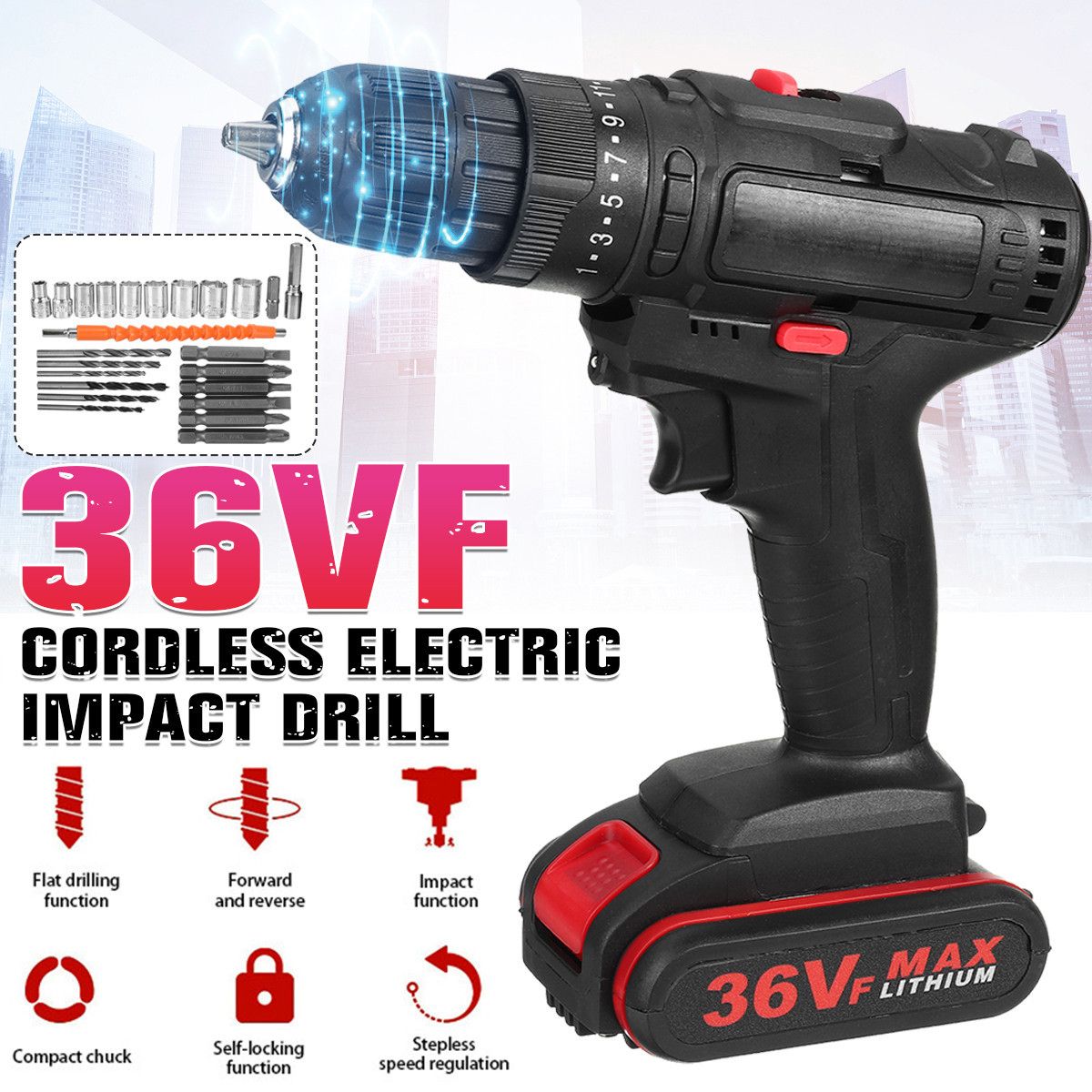 36V Cordless Drill Electric Screwdriver Drill 25+3 Torque With 2Pcs Lithium-Ion Battery Electric Hammer Impact Drill Power Tool