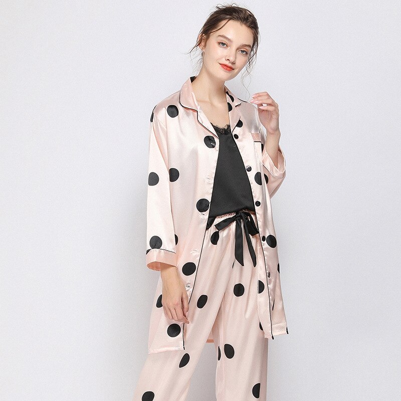 JULY'S SONG 3 Pieces Polka Dots Women Pajamas Set Faux Silk Sling Sleepwear Long Sleeve Trousers Pyjamas Spring Casual Nightwear