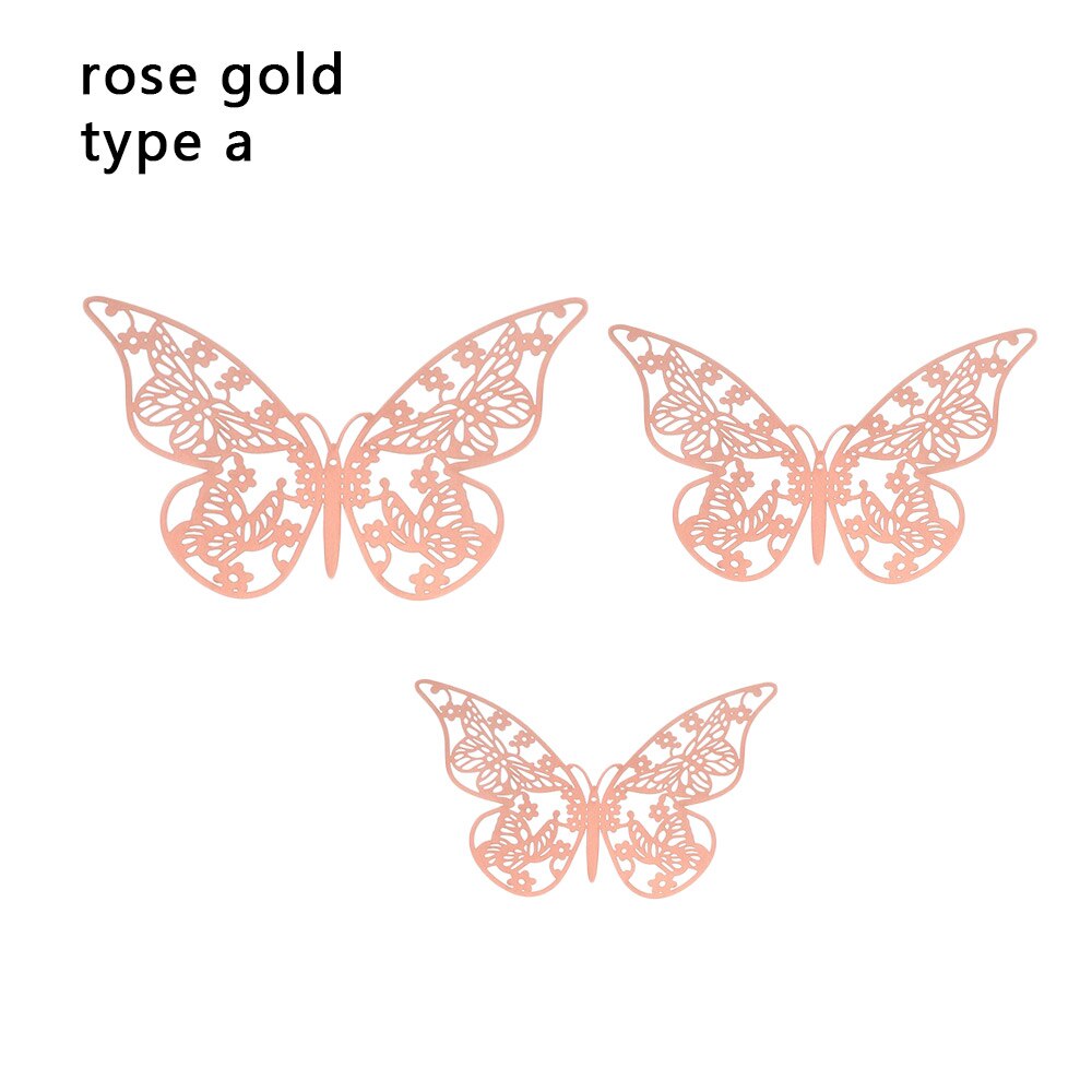 12 Stks/pak 3D Hollow Vlinder Muurstickers Diy Metalen Textuur Goud Zilver Rosegoud Mariposas Decals Feestartikelen Home Decor: rose gold-a