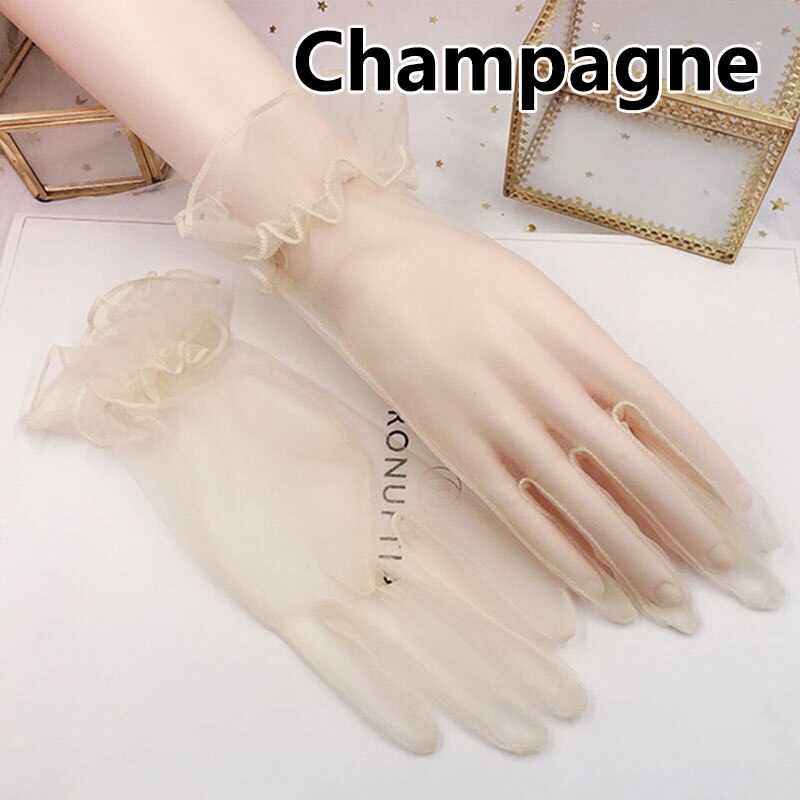 Sexig genomskinlig spets mesh gasväv dam handskar sommar uv-säkra svart rosa korta handskar dam brud bröllop vante handskar: Champagne