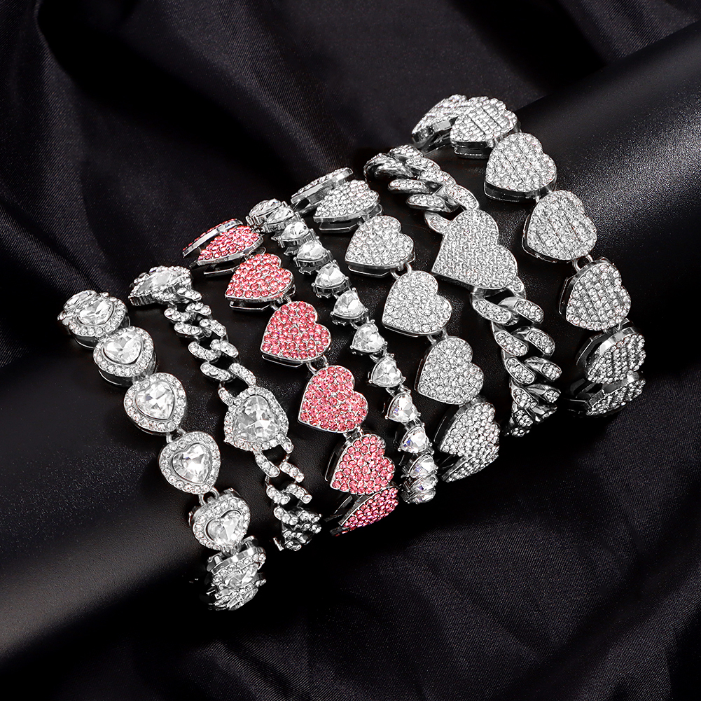 Crystal Heart Cuban Link Ketting Armband Voor Vrouwen Full Strass Hiphop Luxe Bling Chunky Armband Bruiloft Sieraden Cadeau