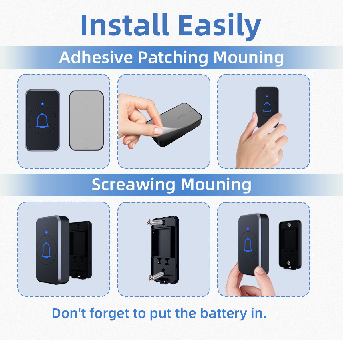 Waterproof Wireless Doorbell with 2 Receivers Outdoor Smart Home Door Bell Kit LED Flash with 56 Tones 300m House Door Chime