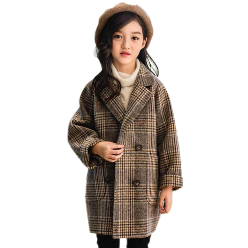 neue Herbst Winter freundlicher Mädchen Baumwolle Lange Jacken freundlicher Revers Plaid Wolle Mantel Teenager Mädchen lässig warm Wolle Outwear k18: Kaffee / 10