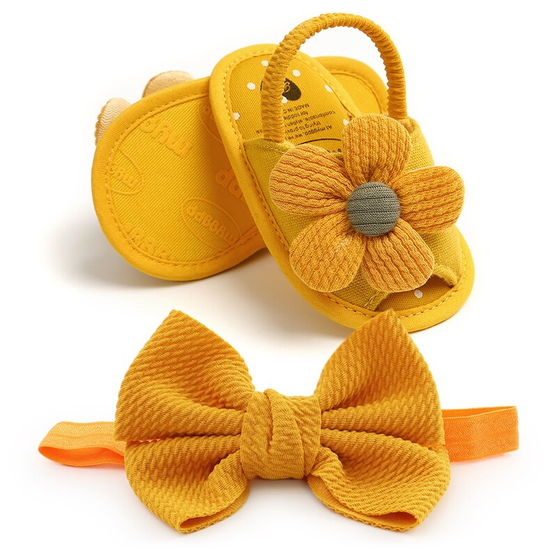 Fish mouth Sandals Baby Girls Shoes Sun Flower Newborn Bow Baby Girl Princess Sandals Cotton Shoes With Hair Band: Yellow / 13-18 Months