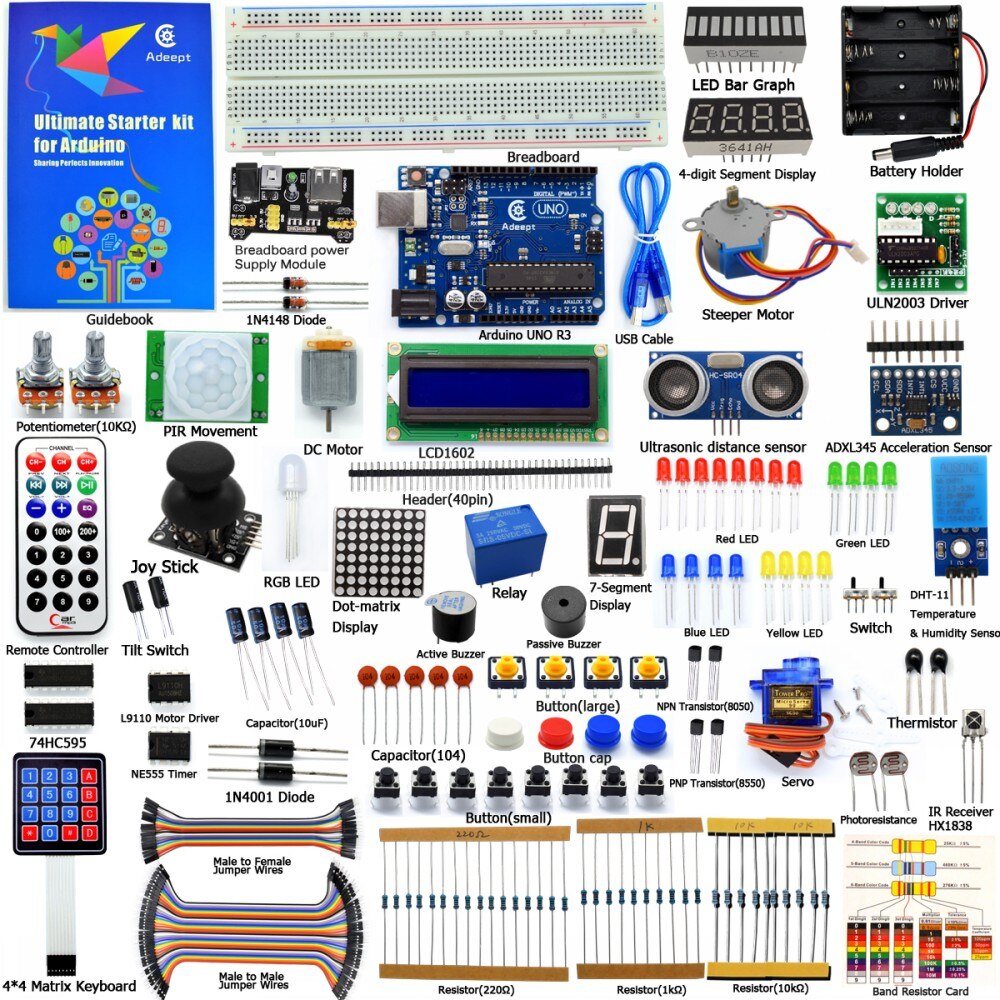 Adeept Elettrica FAI DA TE Nuovo ultimo antipasto kit di Apprendimento per Arduino UNO R3 con Libro Guida Motore di Elaborazione del Libro del portato fai da te diykit