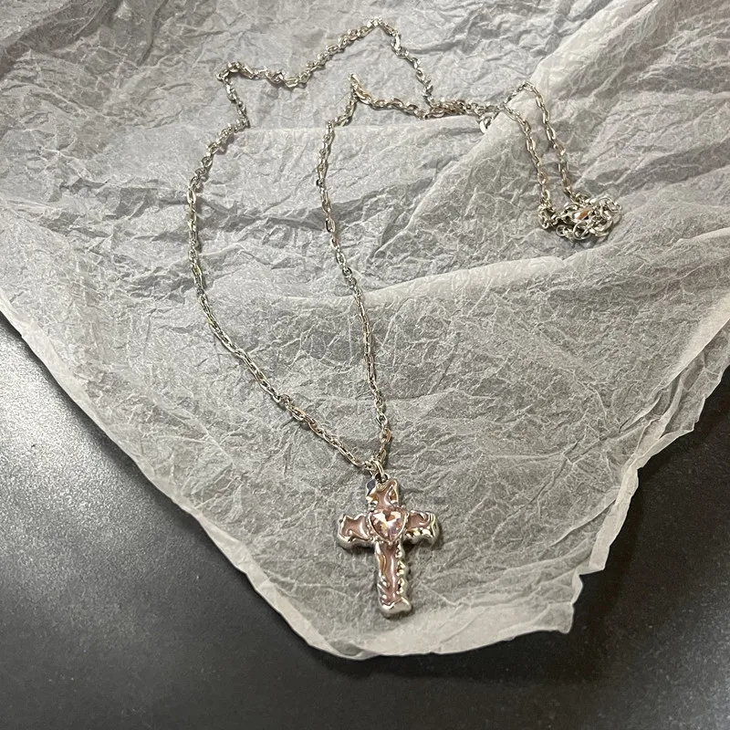 Collar de corazón de amor Y2k para mujer, Hip Hop, corazones rojos, colgantes rosas, collares, cadena de cuerda, Rave para niñas, joyería gótica: Pistola negra plateada