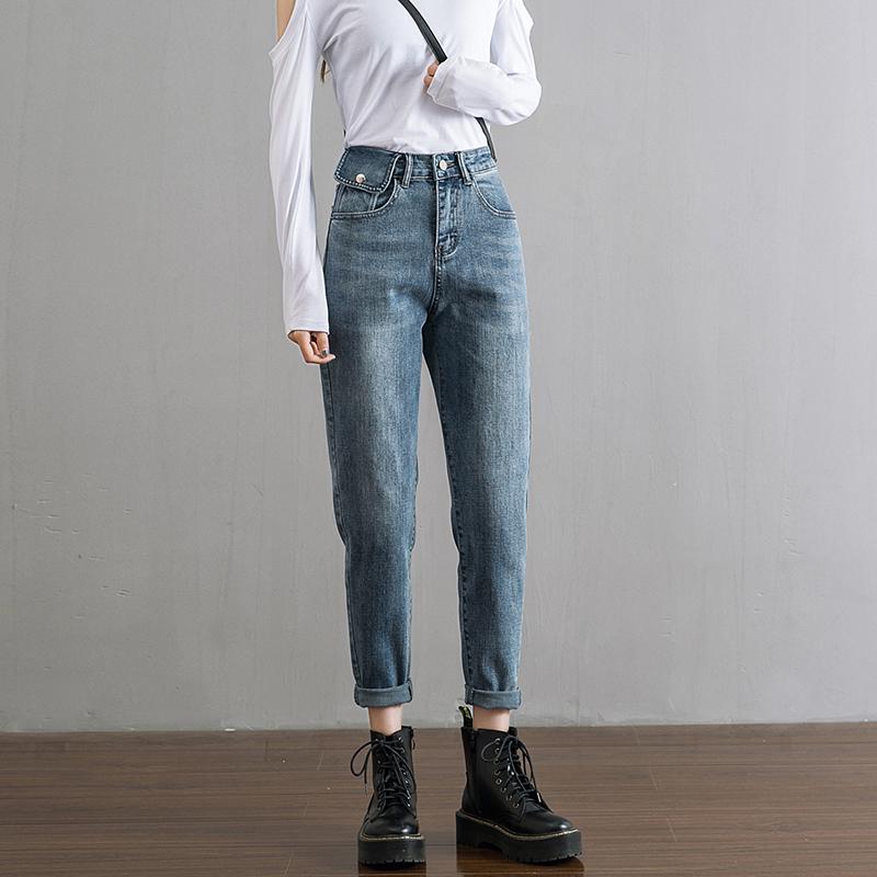 Harem jeans med hög midja dam vintage rak pojkvän mamma jeans mujer retro jeansbyxor blå svarta jeans casual: Blå / Xl