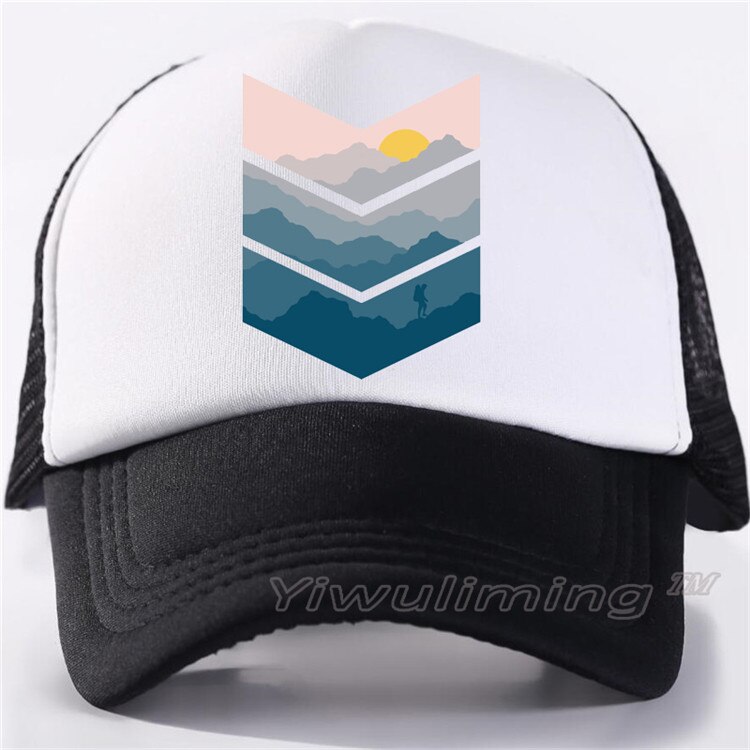 Newsummer trucker kepsar geometrisk solnedgång strand cool sommar svart vuxen cool baseball mesh nät trucker kepsar hatt för män justerbar: 1