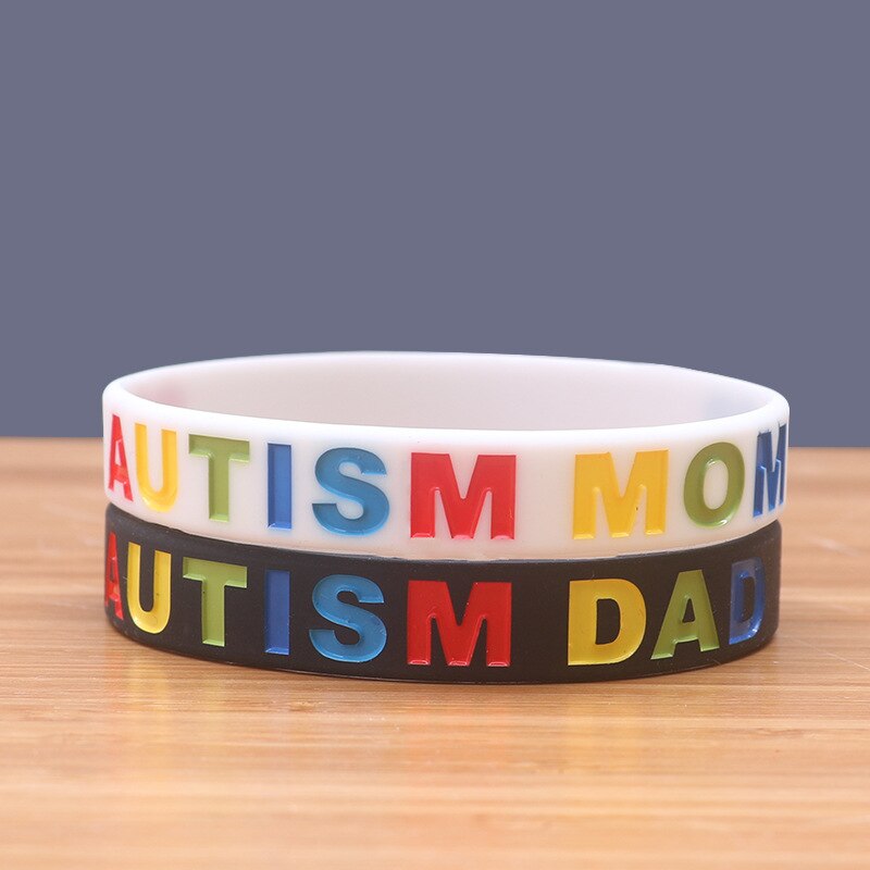 PBR157(1), "Autism Dad and Mom" Print Black/White Puzzle Pieces Ribbon Autism Awareness Wristband Silicone Rubber Bracelets
