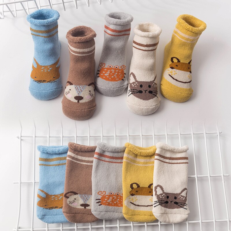 5 Paar Baby Sokken Pasgeboren Baby Jongen En Meisjes Comfort Katoenen Badstof Sokken Dikke Dier Cartoons Patroon: Goud / M 6-18M
