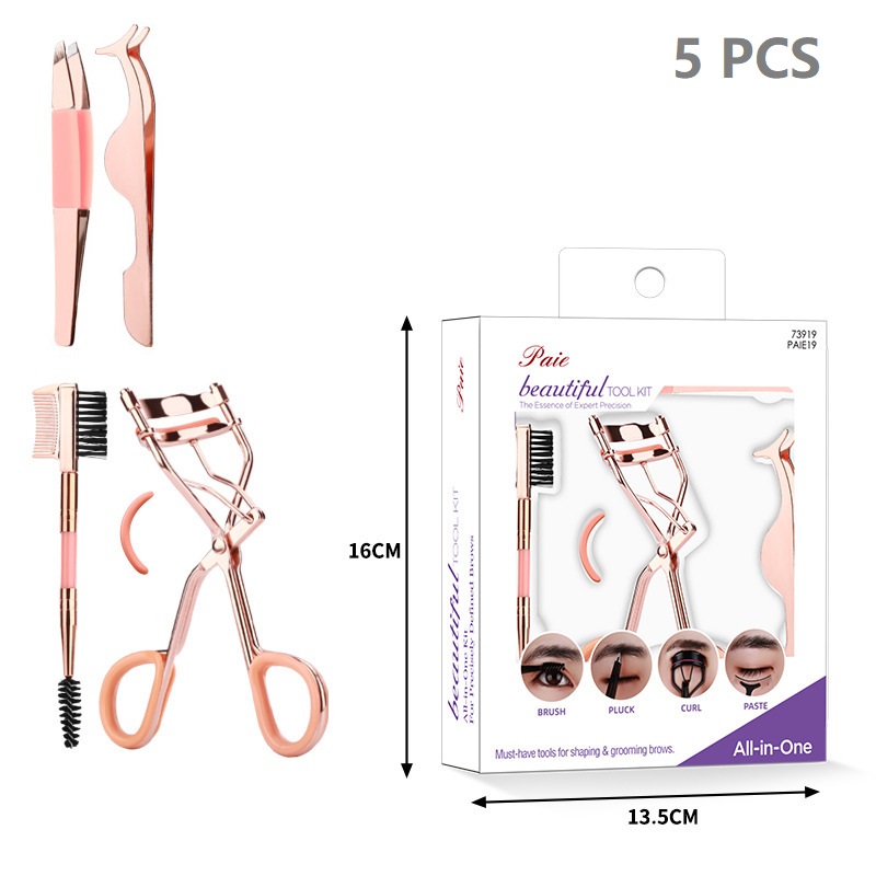 Kit de sourcils avec recourbe-cils 5 pièces, pince à épiler brosse à cils pour femmes: Rose Gold