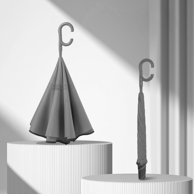 Ombrello inverso a doppio strato completamente automatico, ombrello a doppio strato, ombrello antivento a doppio scopo soleggiato e piovoso a manico lungo: Grigio chiaro