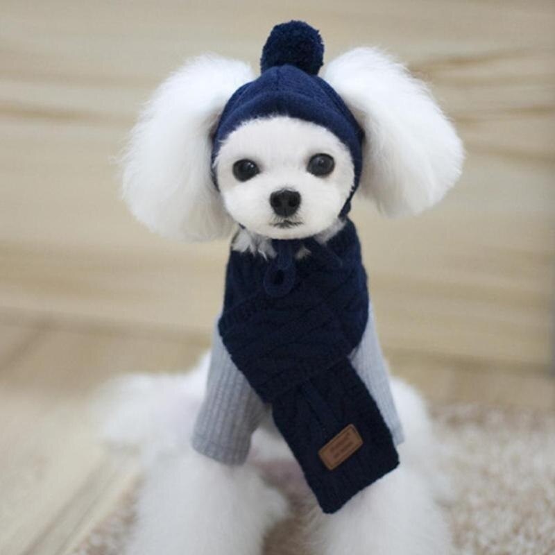 Hat til hunde vinter varme striber strikket hat + tørklæde krave hvalpe bamse kostume juletøj santa hund kostume chihuahua: Marine blå / S