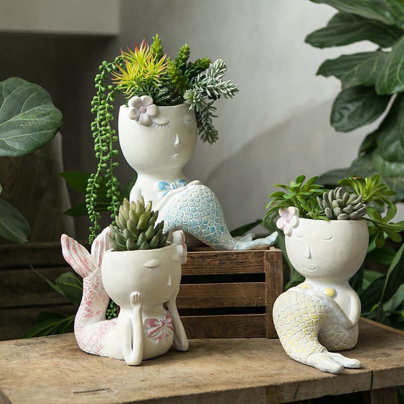 Pot de fleur de sirène mignon, Mini Vase de dessin animé, ornements en forme de poisson, Succulents amoureux des fleurs vertes, décoration de jardin pour la maison