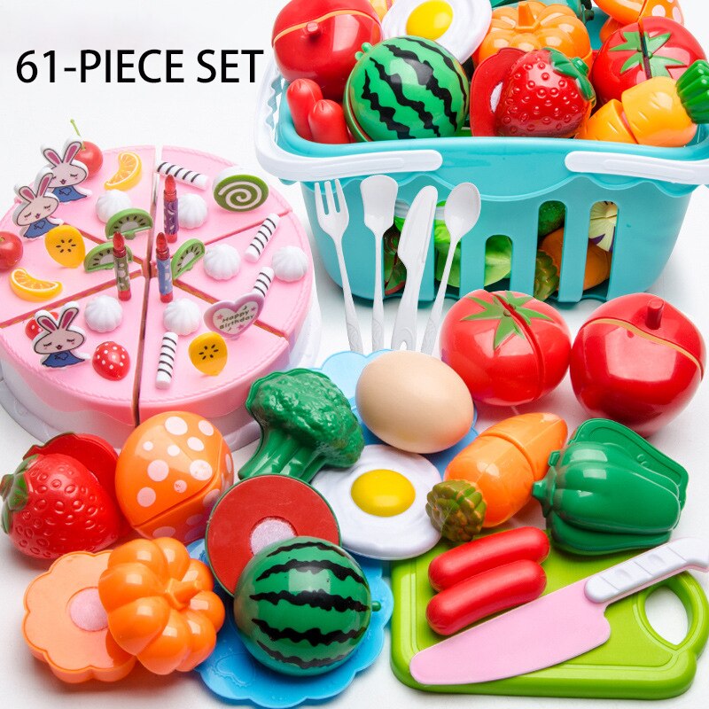 Kit de cocina de plástico para niños, juego de simulación de frutas y verduras, juguete educativo para cortar, de cumpleaños, 150 piezas: 61-piece set