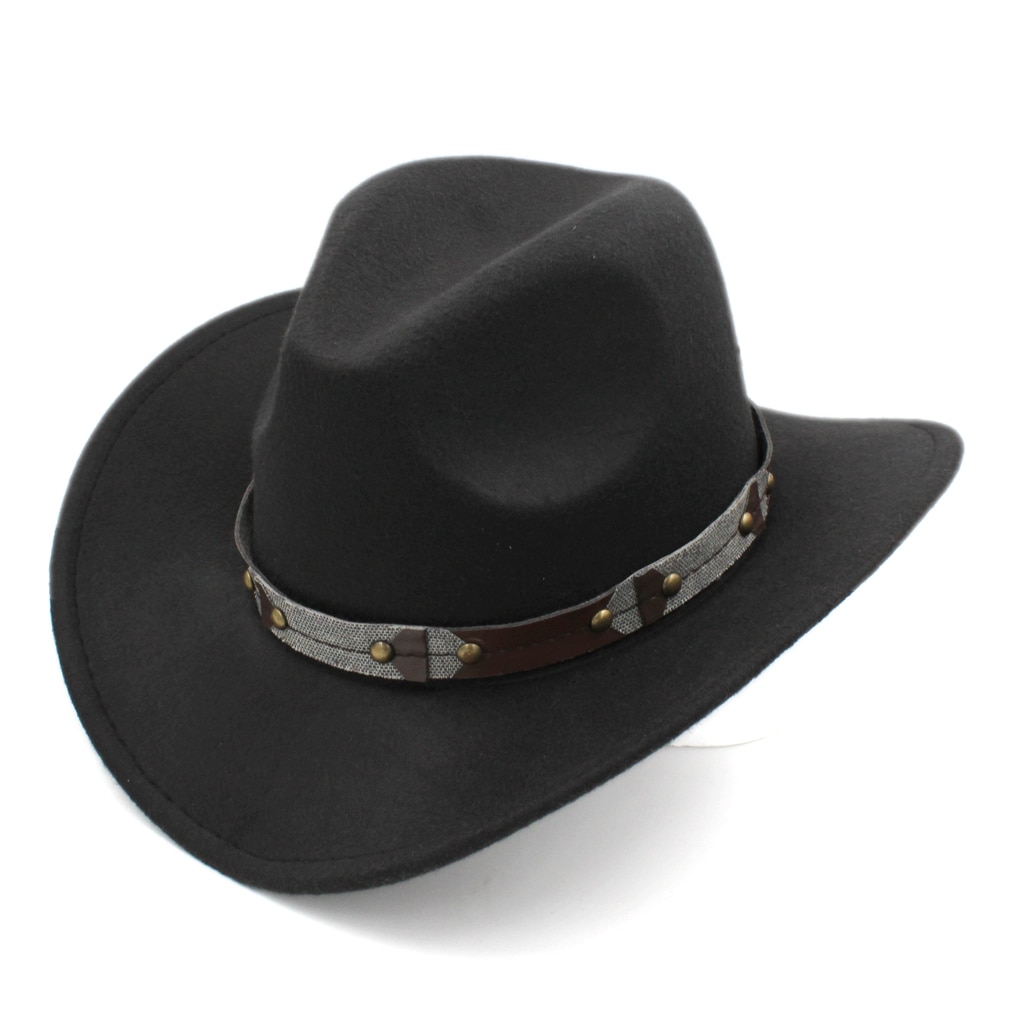 Mistdawn-Sombrero de vaquero occidental clásico Retro Unisex, gorra de ala ancha con banda de cuero, tamaño 56-58cm