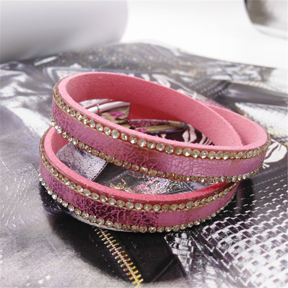 Roze Strass Neon Black Multilayer Verklaring Etnische Trendy Lederen Armbanden Vrouwen Mode Meisje Manchet Armband Vrouwelijke Sieraden