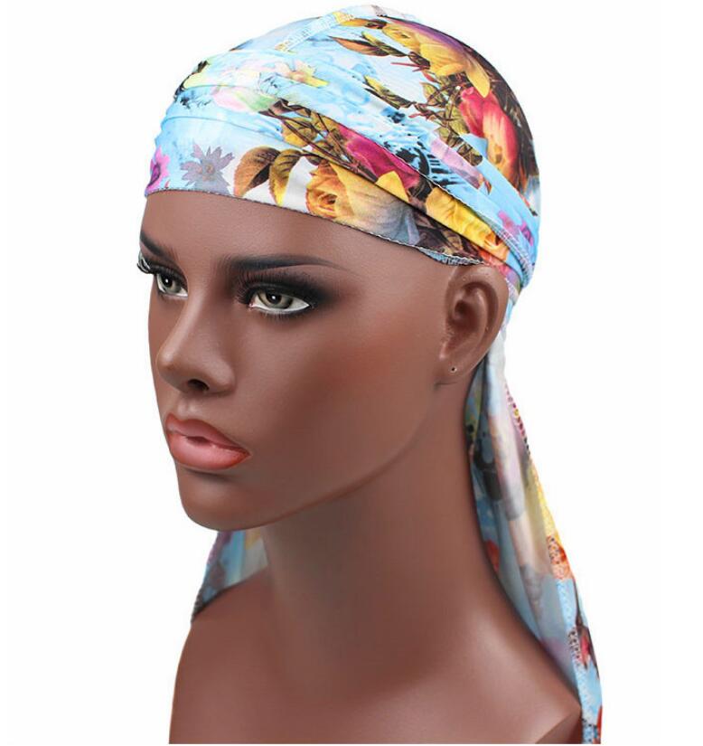Turbante con estampado de flores para hombre, Bandanas sedosas, diadema de seda, gorros con ondas florales, turbante, accesorios para el cabello,