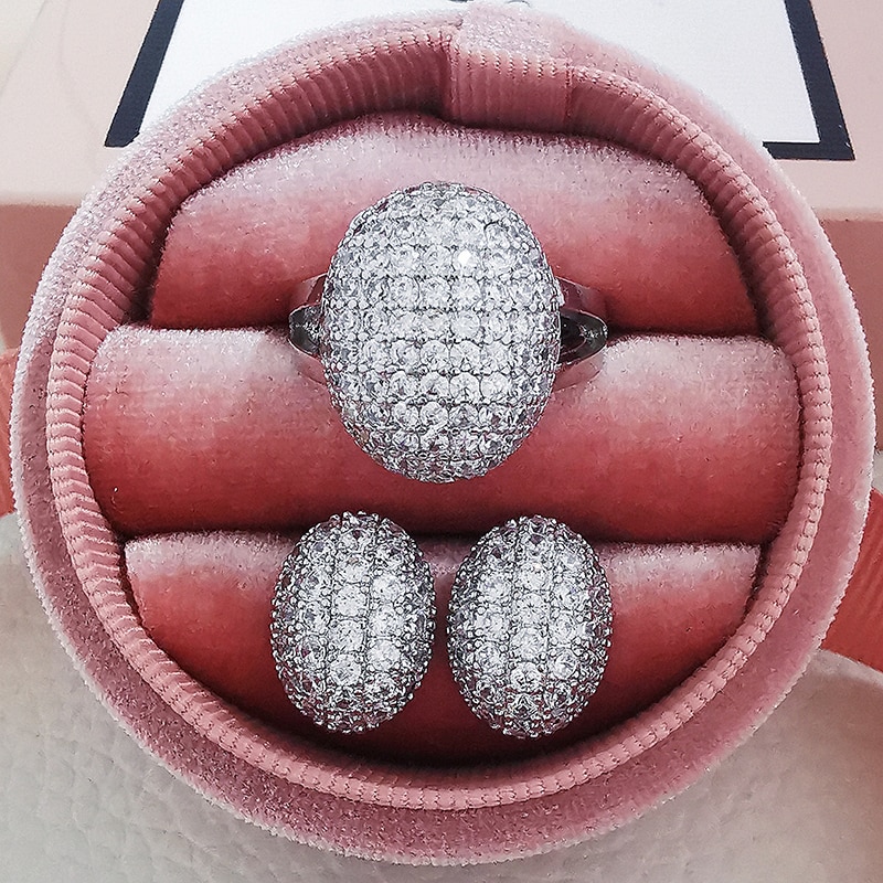 2pcs Pack 925 Sterling Silver Jewelry Set Halo Engagement Ring Round Stud Earring For Wedding Christmas Party J6016