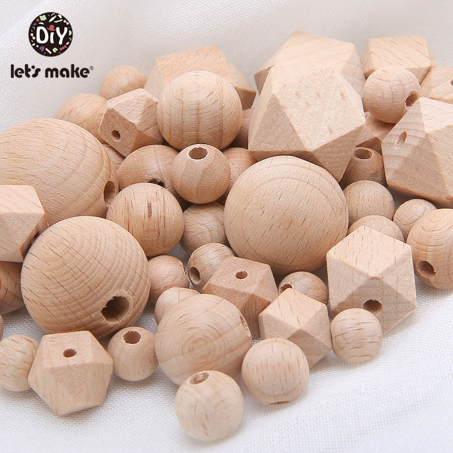 Lad os lave 100pc bøg sekskant træbinderperler runde 12-30mm baby rangle beaded træ babybinderier trælegetøj
