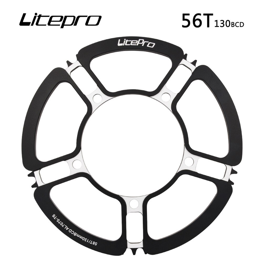 Litepro-platos y bielas de aleación de aluminio, Piñón para bicicleta plegable, 53T, 56, 58T, 5 agujeros, 130BCD: 56T black chainring