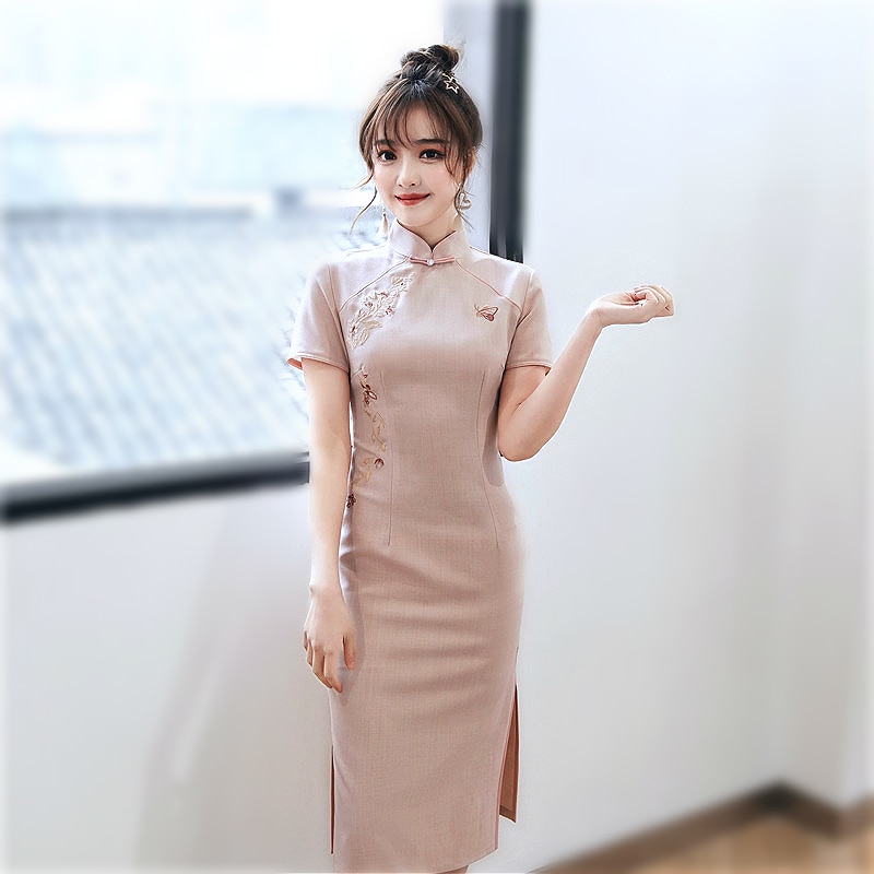 Qipao suave de algodón elástico bordado tradicional chino para mujer, vestidos ajustados con de mariposa, vestido chino de verano