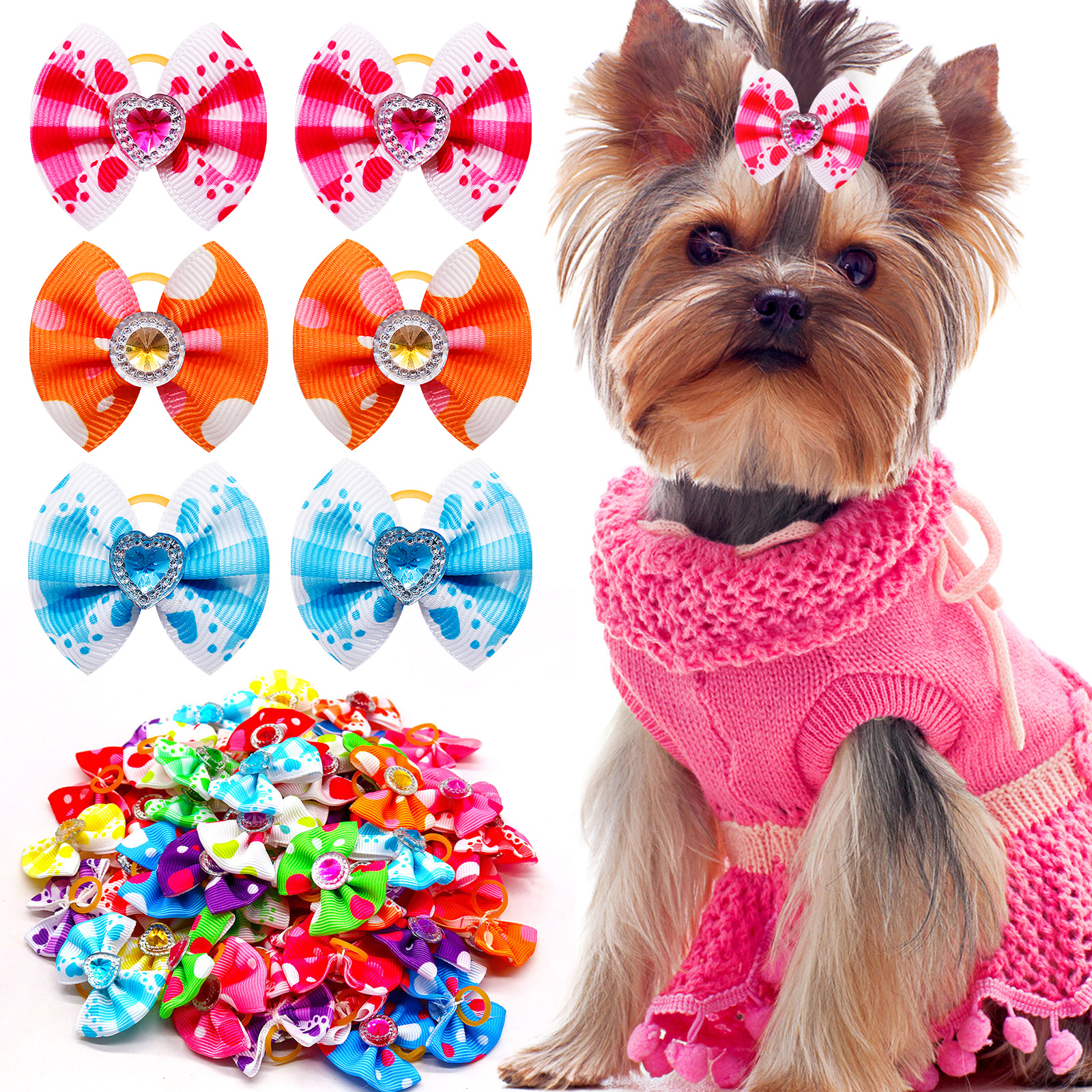 20 pièces été chien cheveux arcs chien arcs avec diamant coloré toilettage élastique pour petit chien animal de compagnie filles toilettage cheveux accessoires