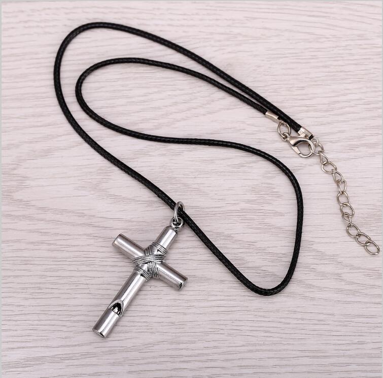 Mannen Vrouwen Fluitje Titanium Stalen Kruis Hanger Ketting Jewerly met Lederen Touw mode-sieraden ketting