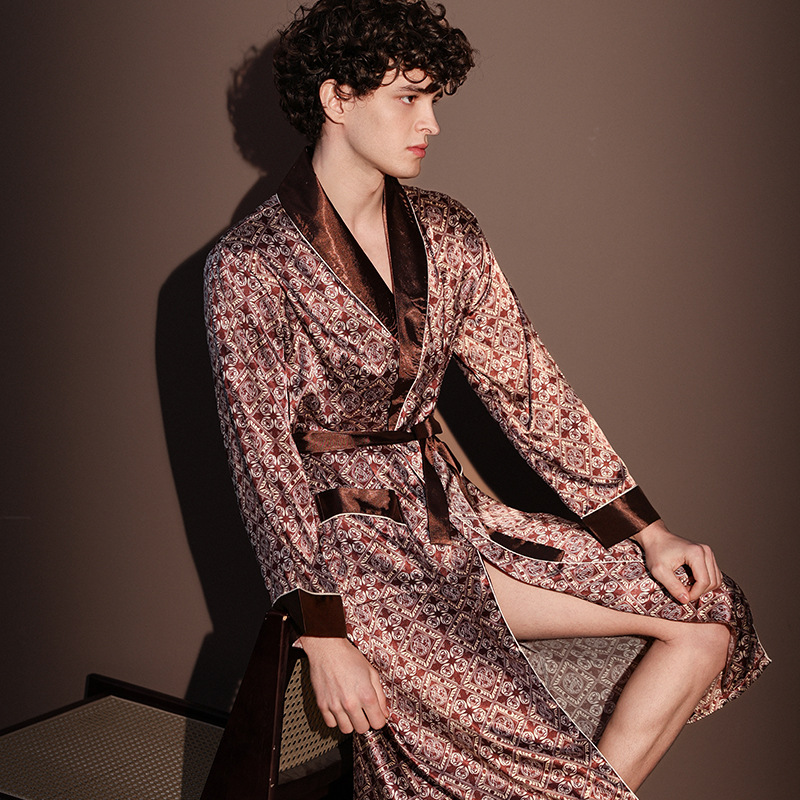 Nachthemden Männer Sommer Dünne Bademantel Große Größe Eis Seide Gedruckt Pyjama einteiliges Kleid Männlichen Loungewear herren Frühling: S / Gold