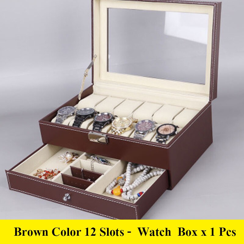 12 Grids luxury Black/Brown color leather men watch box with jewelry holder box: Brown