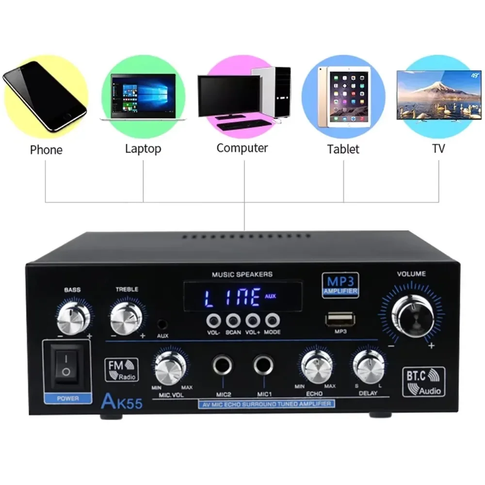 Ulepszony AK55 1200W Mini Hi-Fi cyfrowy kompatybilny z bluetooth 5.0 110-240V bezprzewodowy wzmacniacz mocy do samochodowego domowego audio