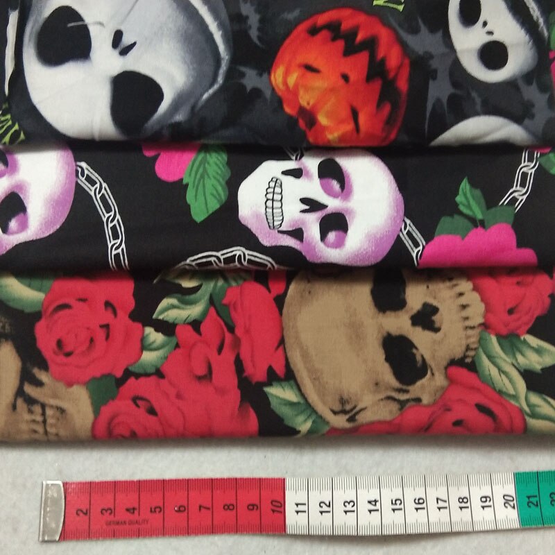 3 uds. Paquete de tela de algodón estampado de calavera de 30cm Estilo Vintage Punk, bonita Flor de Halloween, tela de muñeca de costura de Patchwork, decoración para y hogar