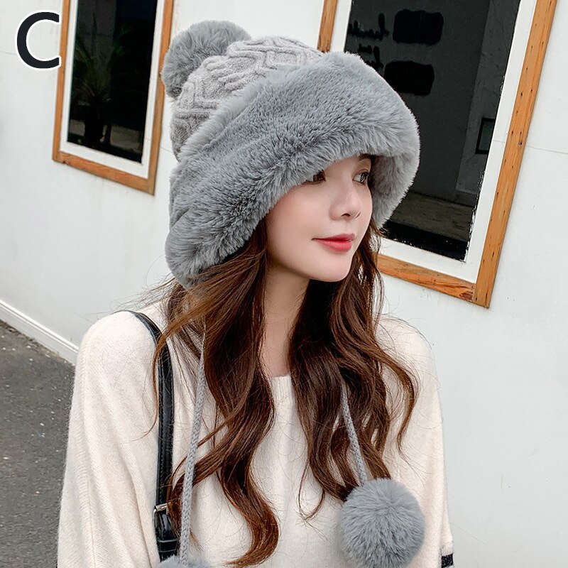 Gorro de nieve grueso con pompones para mujer, gorro cálido de punto, suave, , para esquí, Invierno: C