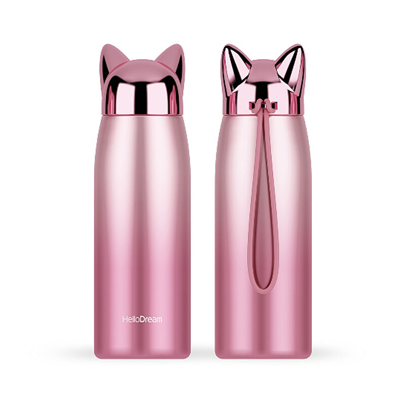 1 stücke Nette Edelstahl Katze ohren Thermos Tassen Thermocup Isolierte Becher Vakuum Glaskolben Thermo Kaffee Becher Reise Flasche Becher: kurz Rosa