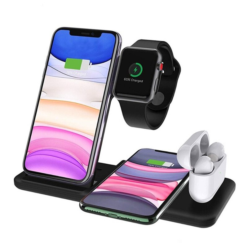 4-in-1 Wireless Charger Station 15W - For Apple Watch, AirPods, iPhone, Samsung - Type-C: 4 IN 1 Black